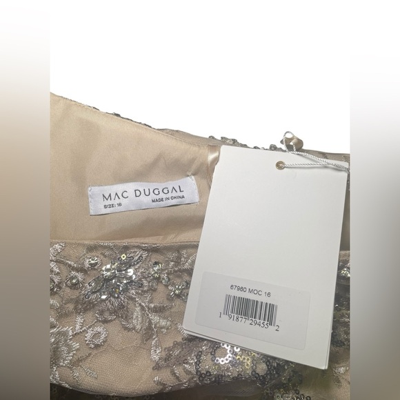 Mac Duggal 67960 One Shoulder Beaded Lace Gown Mocha Silver Sequin Size 16 NWT - Picture 7 of 8